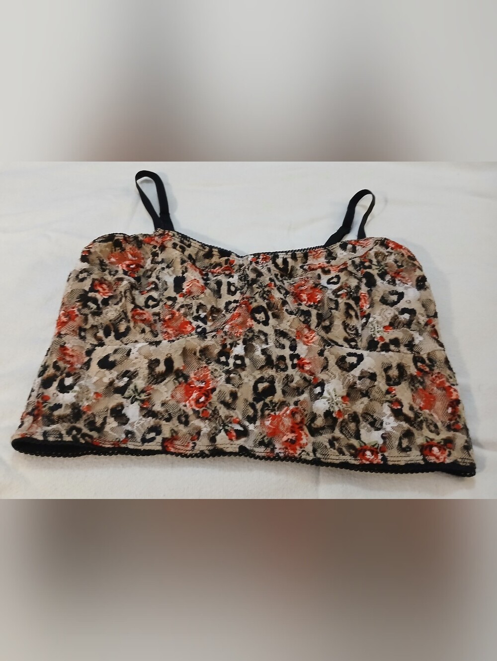 Pre-loved Floral Leopard Lace Knit Top in Beige, Black & Coral.